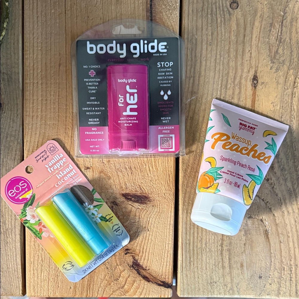 Beauty Bundle!  Big Fat Yummy Peaches Hand Crème, Body Glide, EOS Lip Balm (2)